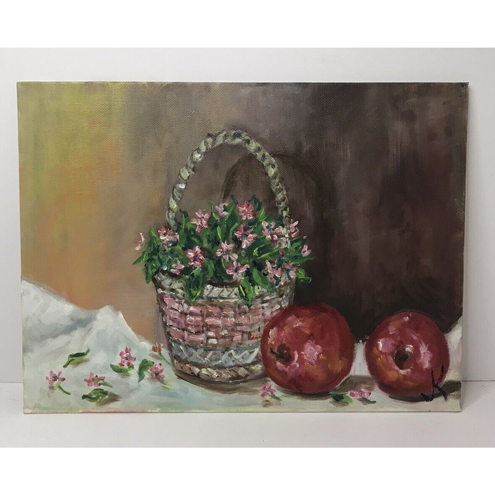 Signed Oil Painting Basket Pink Purple Flowers With Red Apples Joann K
